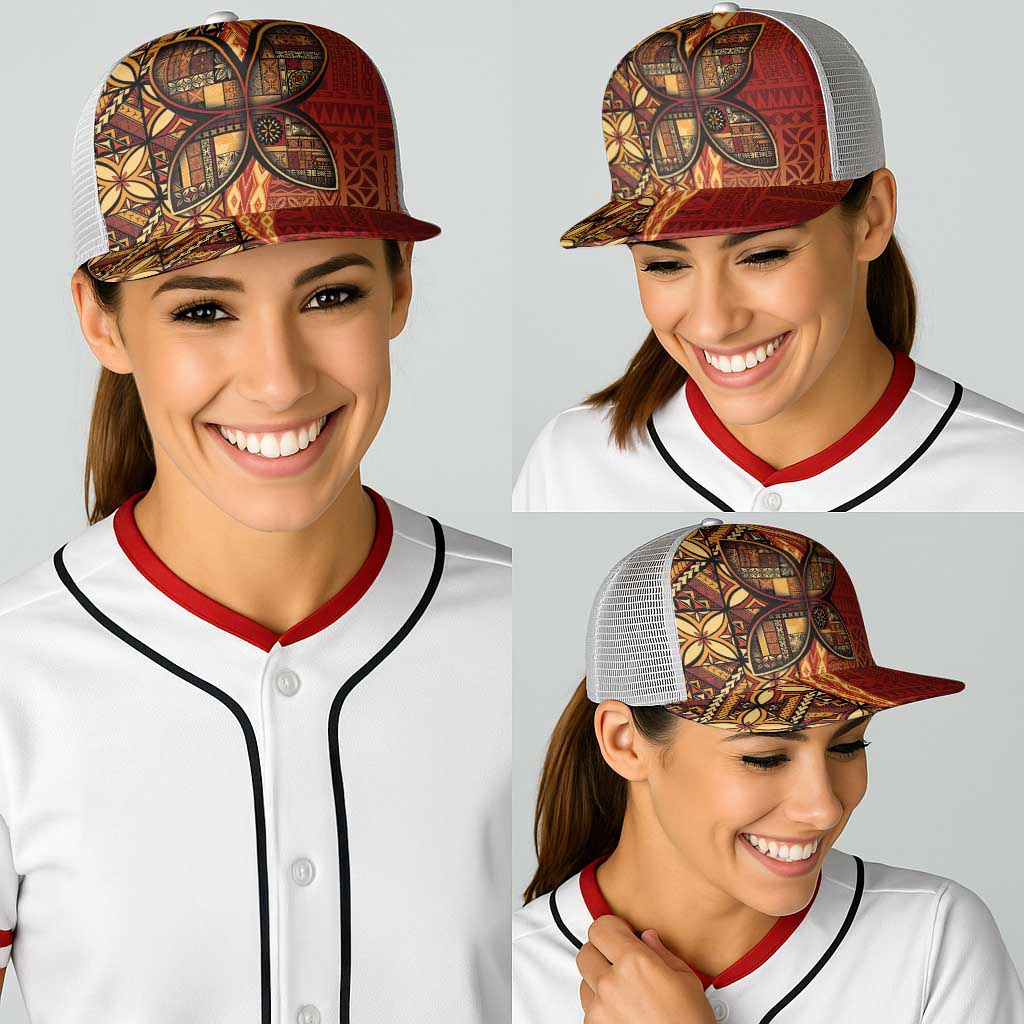 Samoan Pacific Tribal Flower Geometric Art Tattoos Baseball Net Cap Siapo Pattern Flame Sunset - Polynesian Pride