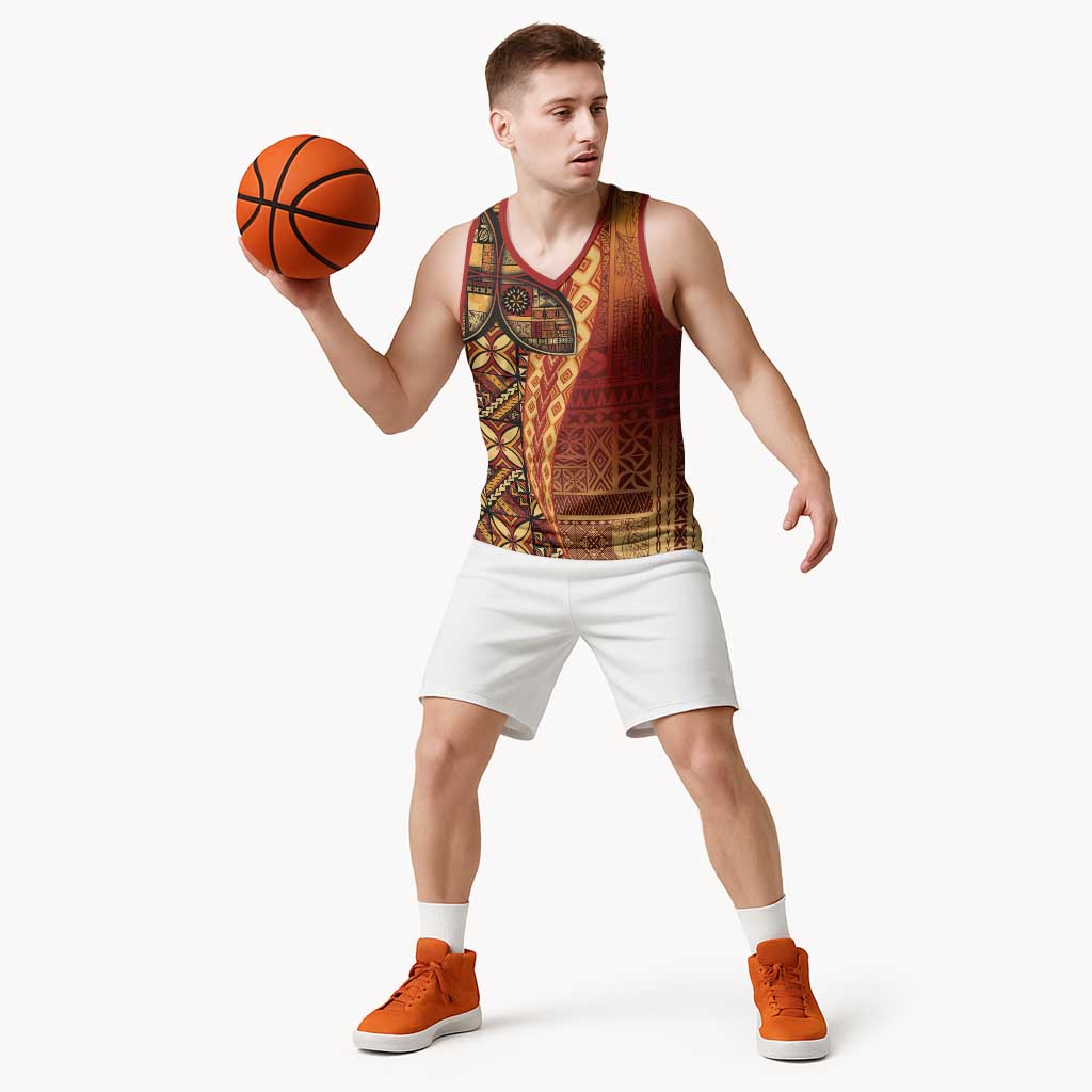 Samoan Pacific Tribal Flower Geometric Art Tattoos Basketball Jersey Siapo Pattern Flame Sunset - Polynesian Pride