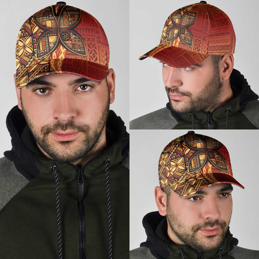 Samoan Pacific Tribal Flower Geometric Art Tattoos Classic Cap Siapo Pattern Flame Sunset - Polynesian Pride