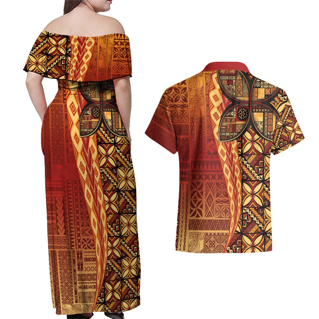 Samoan Pacific Tribal Flower Geometric Art Tattoos Couples Matching Off Shoulder Maxi Dress and Hawaiian Shirt Siapo Pattern Flame Sunset - Polynesian Pride