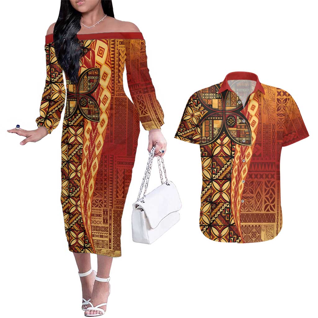 Samoan Pacific Tribal Flower Geometric Art Tattoos Couples Matching Off The Shoulder Long Sleeve Dress and Hawaiian Shirt Siapo Pattern Flame Sunset - Polynesian Pride