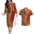 Samoan Pacific Tribal Flower Geometric Art Tattoos Couples Matching Off The Shoulder Long Sleeve Dress and Hawaiian Shirt Siapo Pattern Flame Sunset - Polynesian Pride