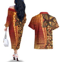 Samoan Pacific Tribal Flower Geometric Art Tattoos Couples Matching Off The Shoulder Long Sleeve Dress and Hawaiian Shirt Siapo Pattern Flame Sunset - Polynesian Pride