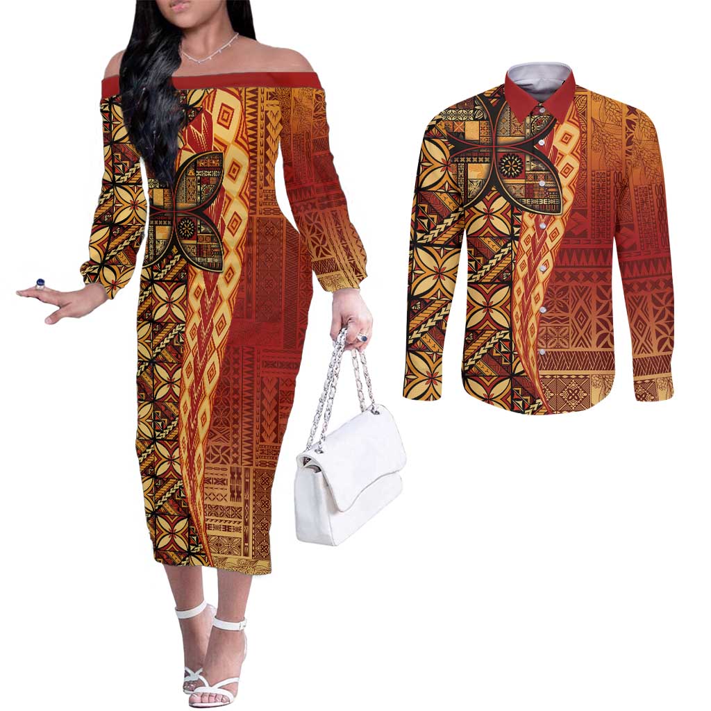 Samoan Pacific Tribal Flower Geometric Art Tattoos Couples Matching Off The Shoulder Long Sleeve Dress and Long Sleeve Button Shirt Siapo Pattern Flame Sunset - Polynesian Pride