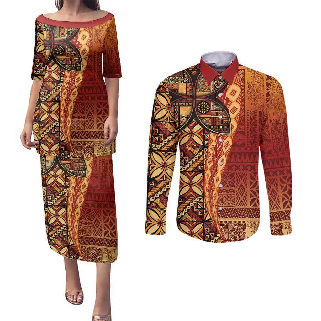 Samoan Pacific Tribal Flower Geometric Art Tattoos Couples Matching Puletasi and Long Sleeve Button Shirt Siapo Pattern Flame Sunset - Polynesian Pride