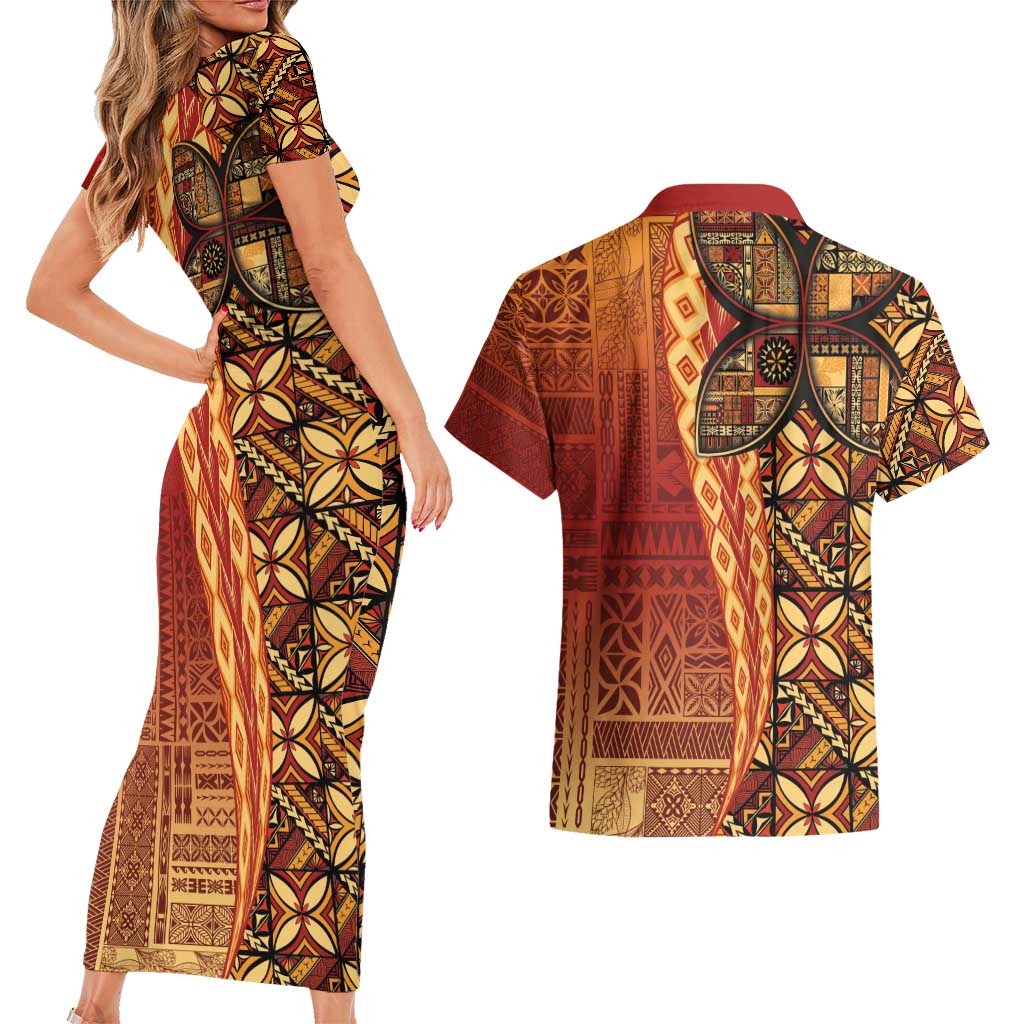 Samoan Pacific Tribal Flower Geometric Art Tattoos Couples Matching Short Sleeve Bodycon Dress and Hawaiian Shirt Siapo Pattern Flame Sunset - Polynesian Pride