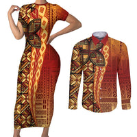 Samoan Pacific Tribal Flower Geometric Art Tattoos Couples Matching Short Sleeve Bodycon Dress and Long Sleeve Button Shirt Siapo Pattern Flame Sunset LT03 Red - Polynesian Pride