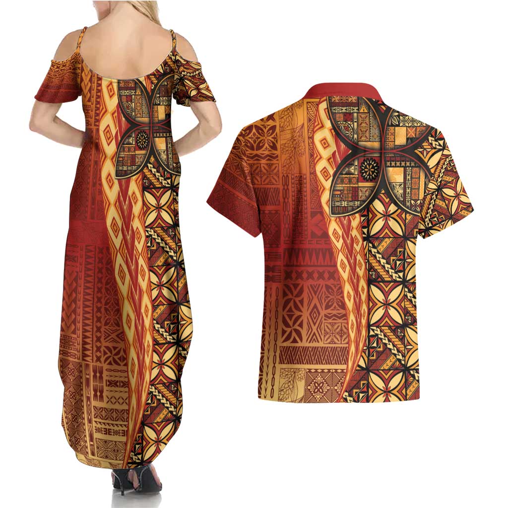 Samoan Pacific Tribal Flower Geometric Art Tattoos Couples Matching Summer Maxi Dress and Hawaiian Shirt Siapo Pattern Flame Sunset - Polynesian Pride