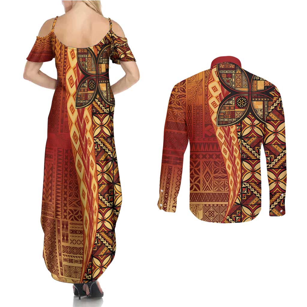 Samoan Pacific Tribal Flower Geometric Art Tattoos Couples Matching Summer Maxi Dress and Long Sleeve Button Shirt Siapo Pattern Flame Sunset - Polynesian Pride