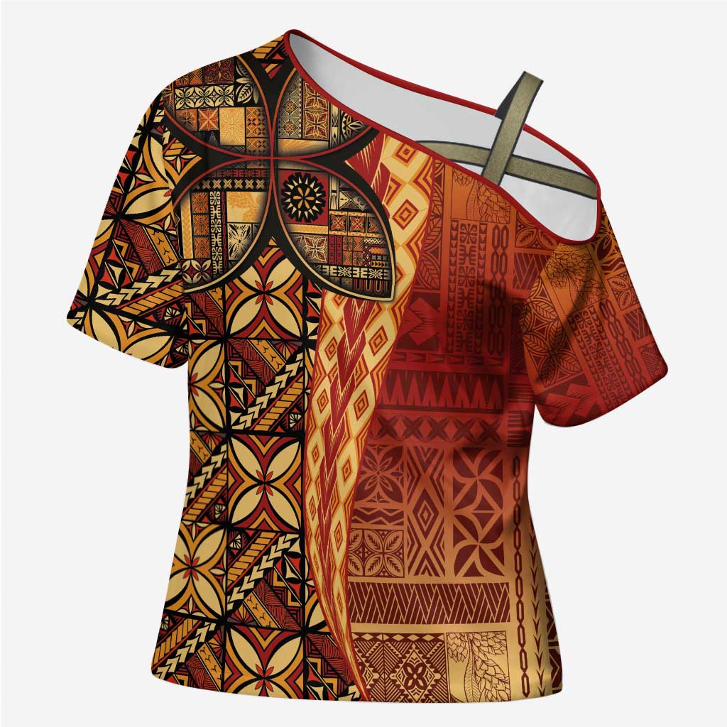 Samoan Pacific Tribal Flower Geometric Art Tattoos Cross Shoulder Shirt Siapo Pattern Flame Sunset LT03 Female Red - Polynesian Pride