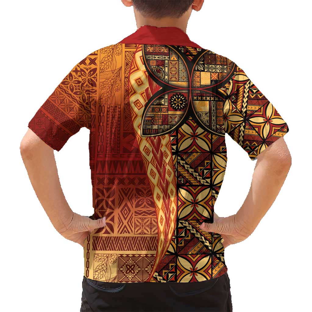 Samoan Pacific Tribal Flower Geometric Art Tattoos Family Matching Long Sleeve Bodycon Dress and Hawaiian Shirt Siapo Pattern Flame Sunset LT03 - Polynesian Pride