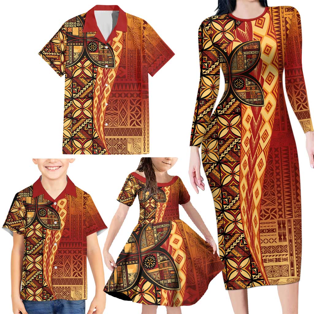 Samoan Pacific Tribal Flower Geometric Art Tattoos Family Matching Long Sleeve Bodycon Dress and Hawaiian Shirt Siapo Pattern Flame Sunset LT03 - Polynesian Pride