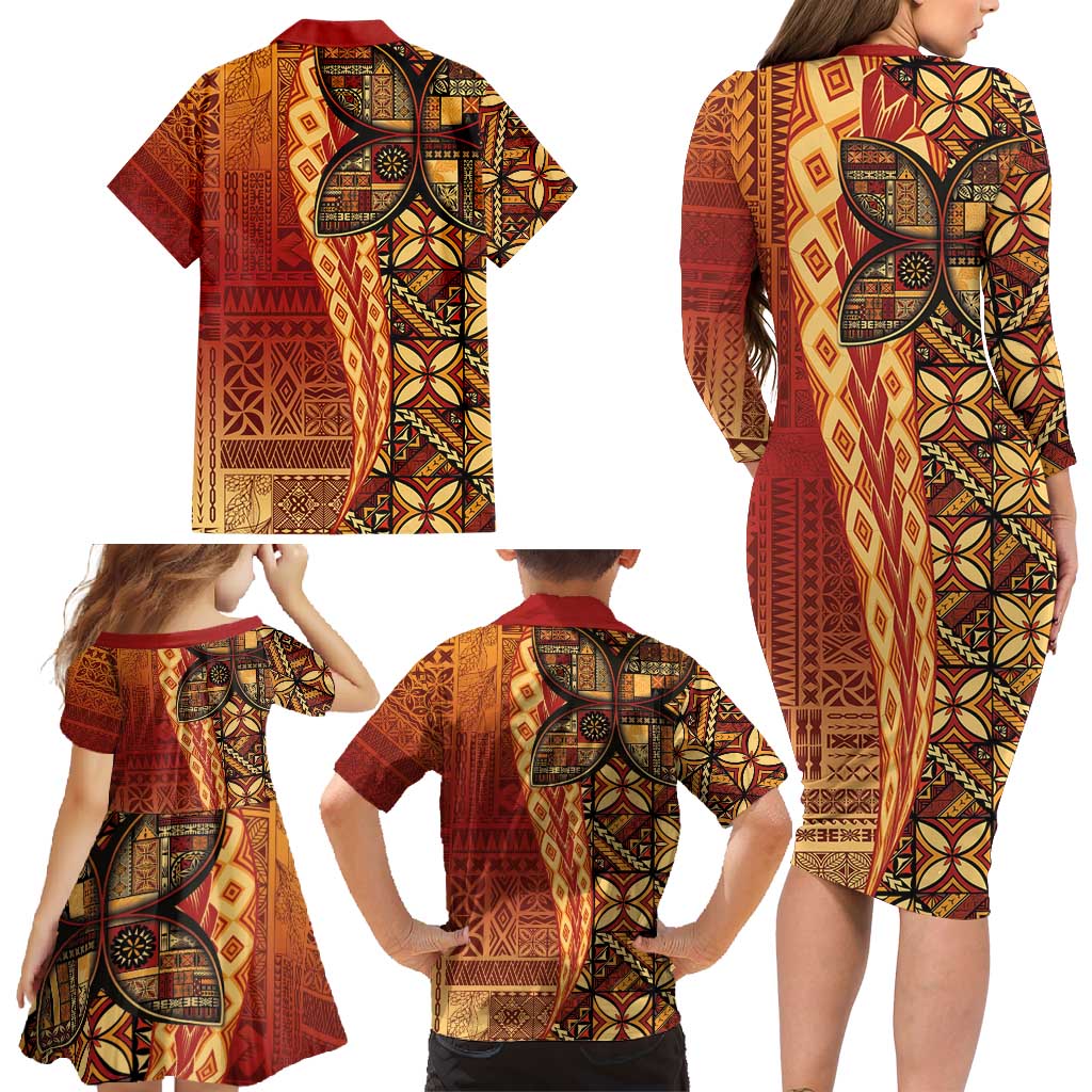 Samoan Pacific Tribal Flower Geometric Art Tattoos Family Matching Long Sleeve Bodycon Dress and Hawaiian Shirt Siapo Pattern Flame Sunset LT03 - Polynesian Pride