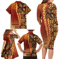 Samoan Pacific Tribal Flower Geometric Art Tattoos Family Matching Long Sleeve Bodycon Dress and Hawaiian Shirt Siapo Pattern Flame Sunset LT03 - Polynesian Pride