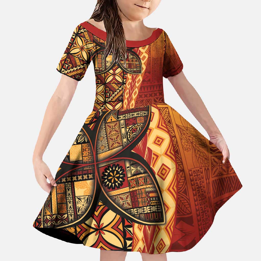 Samoan Pacific Tribal Flower Geometric Art Tattoos Family Matching Mermaid Dress and Hawaiian Shirt Siapo Pattern Flame Sunset LT03 Daughter's Dress Red - Polynesian Pride