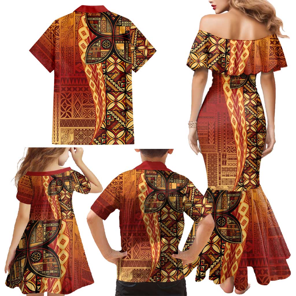 Samoan Pacific Tribal Flower Geometric Art Tattoos Family Matching Mermaid Dress and Hawaiian Shirt Siapo Pattern Flame Sunset LT03 - Polynesian Pride