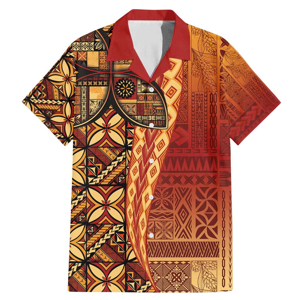 Samoan Pacific Tribal Flower Geometric Art Tattoos Family Matching Mermaid Dress and Hawaiian Shirt Siapo Pattern Flame Sunset LT03 Dad's Shirt - Short Sleeve Red - Polynesian Pride