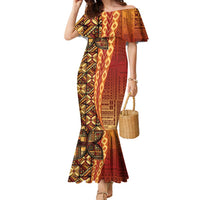 Samoan Pacific Tribal Flower Geometric Art Tattoos Family Matching Mermaid Dress and Hawaiian Shirt Siapo Pattern Flame Sunset LT03 Mom's Dress Red - Polynesian Pride