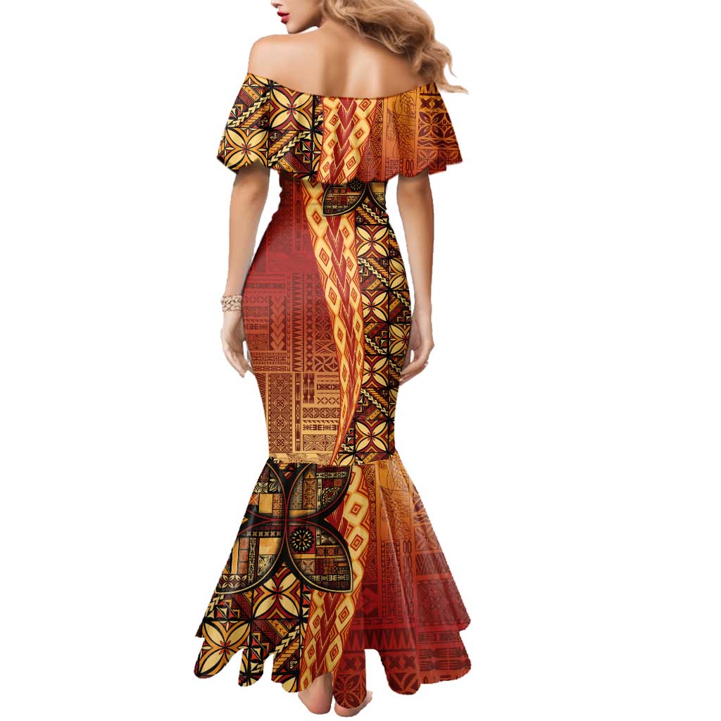 Samoan Pacific Tribal Flower Geometric Art Tattoos Family Matching Mermaid Dress and Hawaiian Shirt Siapo Pattern Flame Sunset LT03 - Polynesian Pride