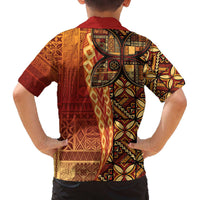 Samoan Pacific Tribal Flower Geometric Art Tattoos Family Matching Off The Shoulder Long Sleeve Dress and Hawaiian Shirt Siapo Pattern Flame Sunset LT03 - Polynesian Pride
