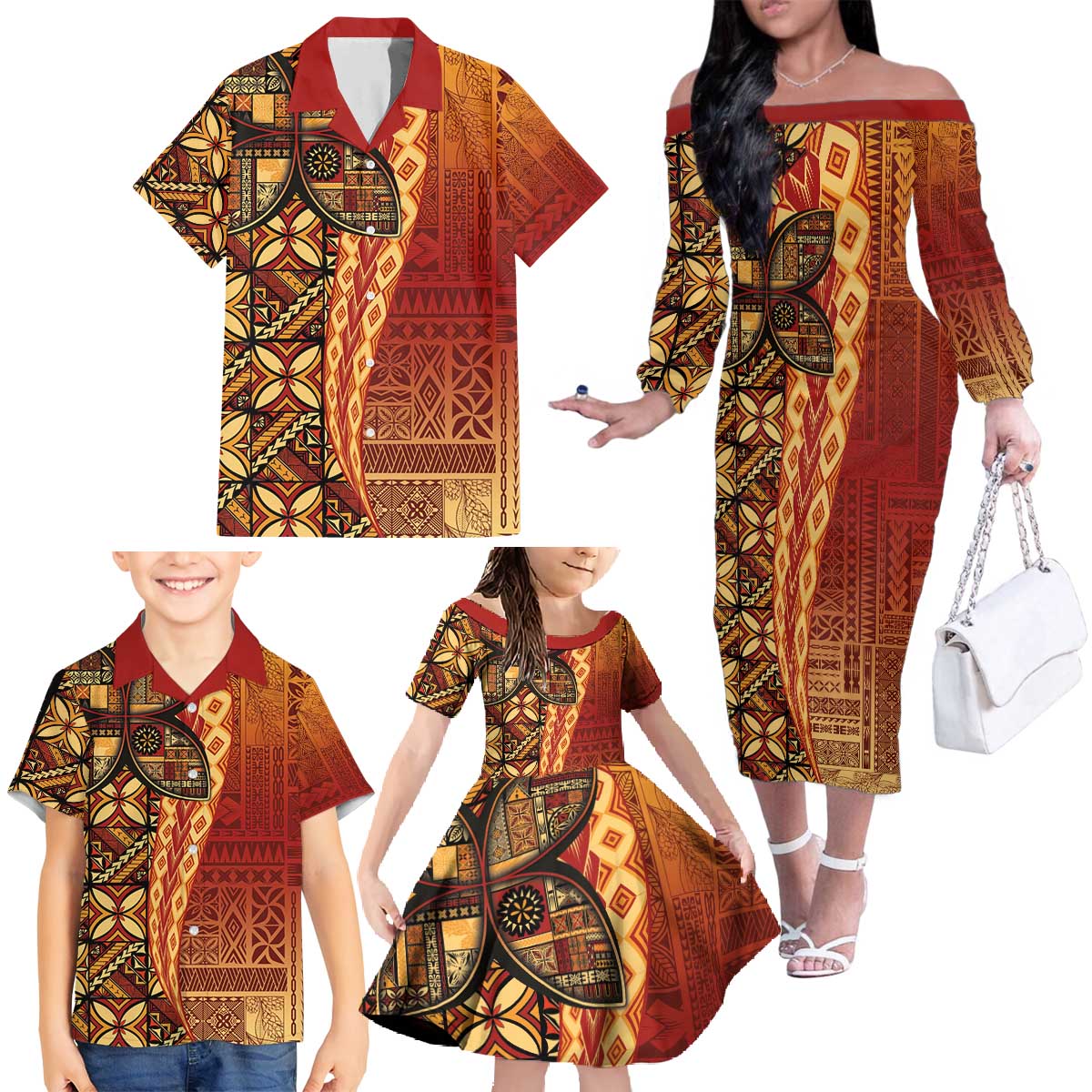Samoan Pacific Tribal Flower Geometric Art Tattoos Family Matching Off The Shoulder Long Sleeve Dress and Hawaiian Shirt Siapo Pattern Flame Sunset LT03 - Polynesian Pride