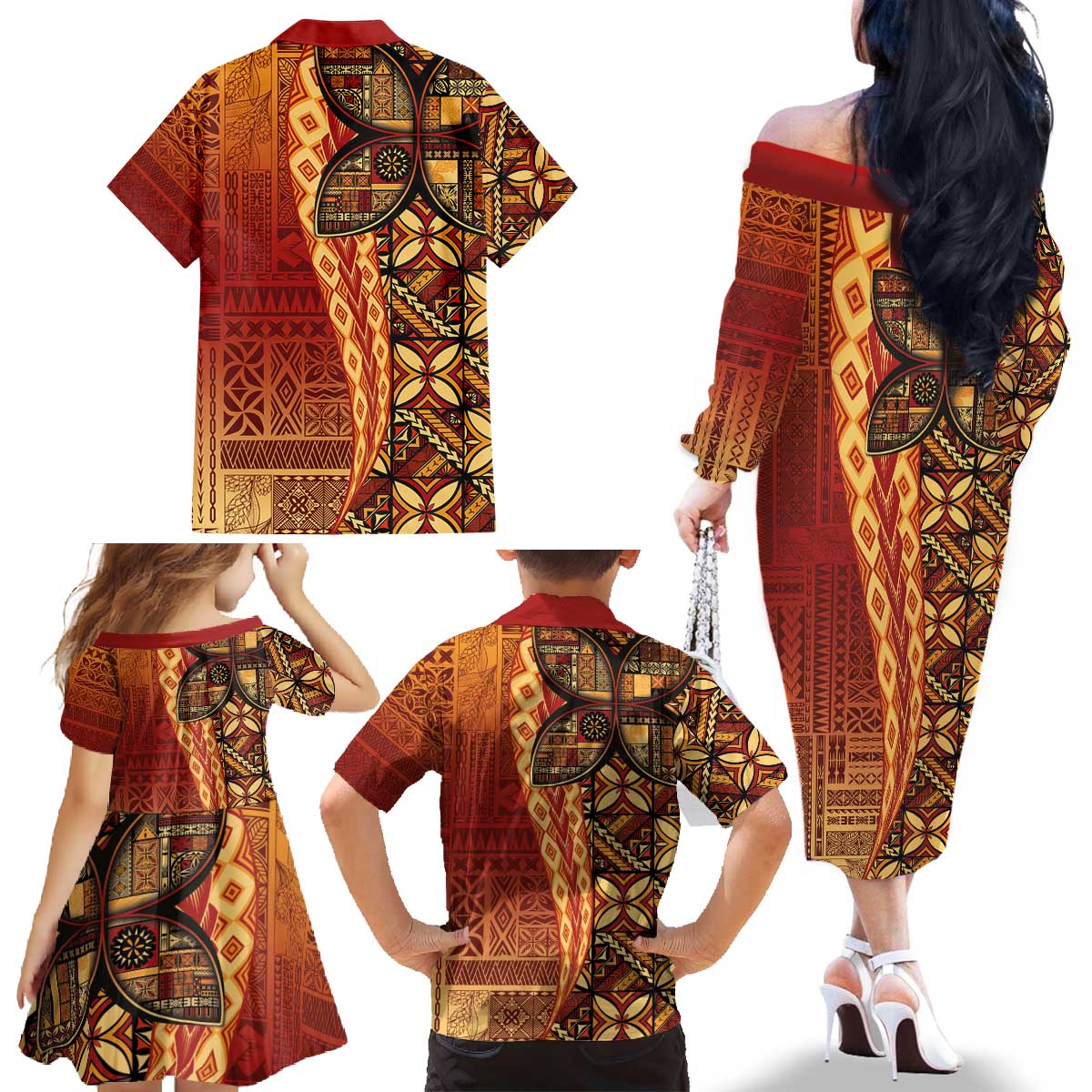 Samoan Pacific Tribal Flower Geometric Art Tattoos Family Matching Off The Shoulder Long Sleeve Dress and Hawaiian Shirt Siapo Pattern Flame Sunset LT03 - Polynesian Pride