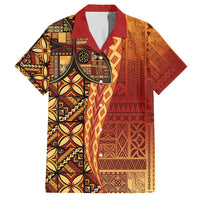Samoan Pacific Tribal Flower Geometric Art Tattoos Family Matching Off The Shoulder Long Sleeve Dress and Hawaiian Shirt Siapo Pattern Flame Sunset LT03 Dad's Shirt - Short Sleeve Red - Polynesian Pride