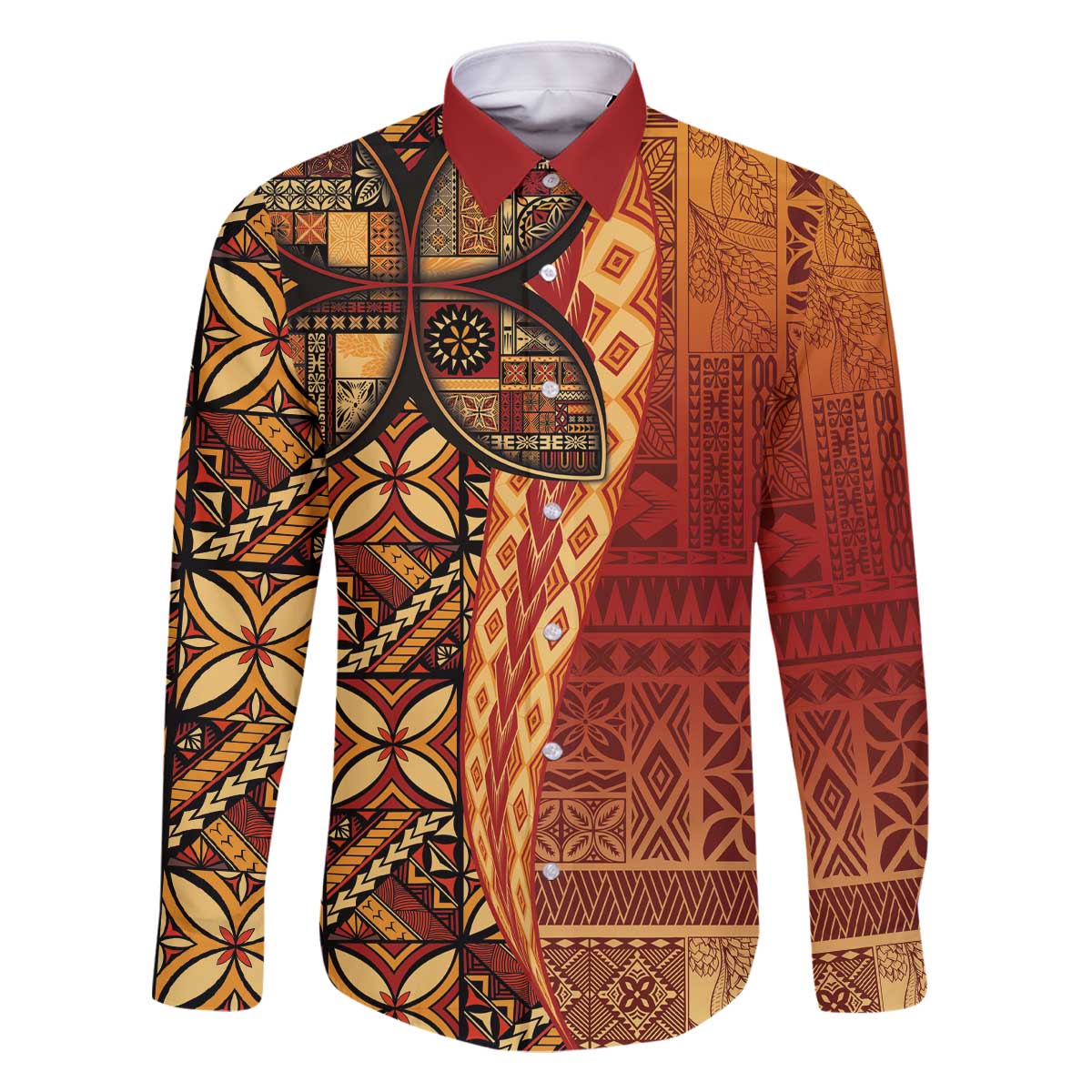 Samoan Pacific Tribal Flower Geometric Art Tattoos Family Matching Off The Shoulder Long Sleeve Dress and Hawaiian Shirt Siapo Pattern Flame Sunset LT03 Dad's Shirt - Long Sleeve Red - Polynesian Pride