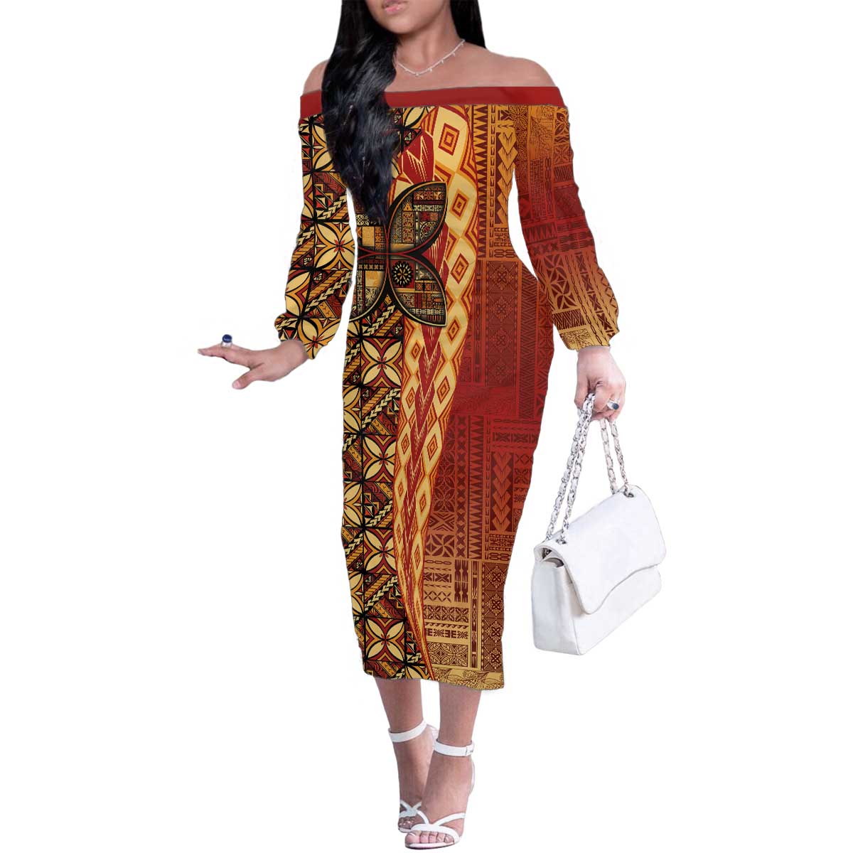 Samoan Pacific Tribal Flower Geometric Art Tattoos Family Matching Off The Shoulder Long Sleeve Dress and Hawaiian Shirt Siapo Pattern Flame Sunset LT03 Mom's Dress Red - Polynesian Pride