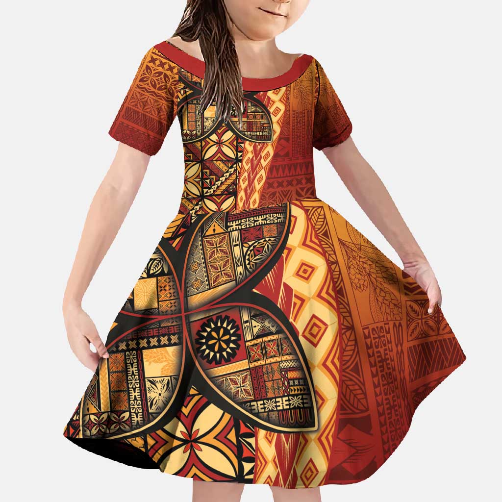 Samoan Pacific Tribal Flower Geometric Art Tattoos Family Matching Off Shoulder Maxi Dress and Hawaiian Shirt Siapo Pattern Flame Sunset LT03 Daughter's Dress Red - Polynesian Pride