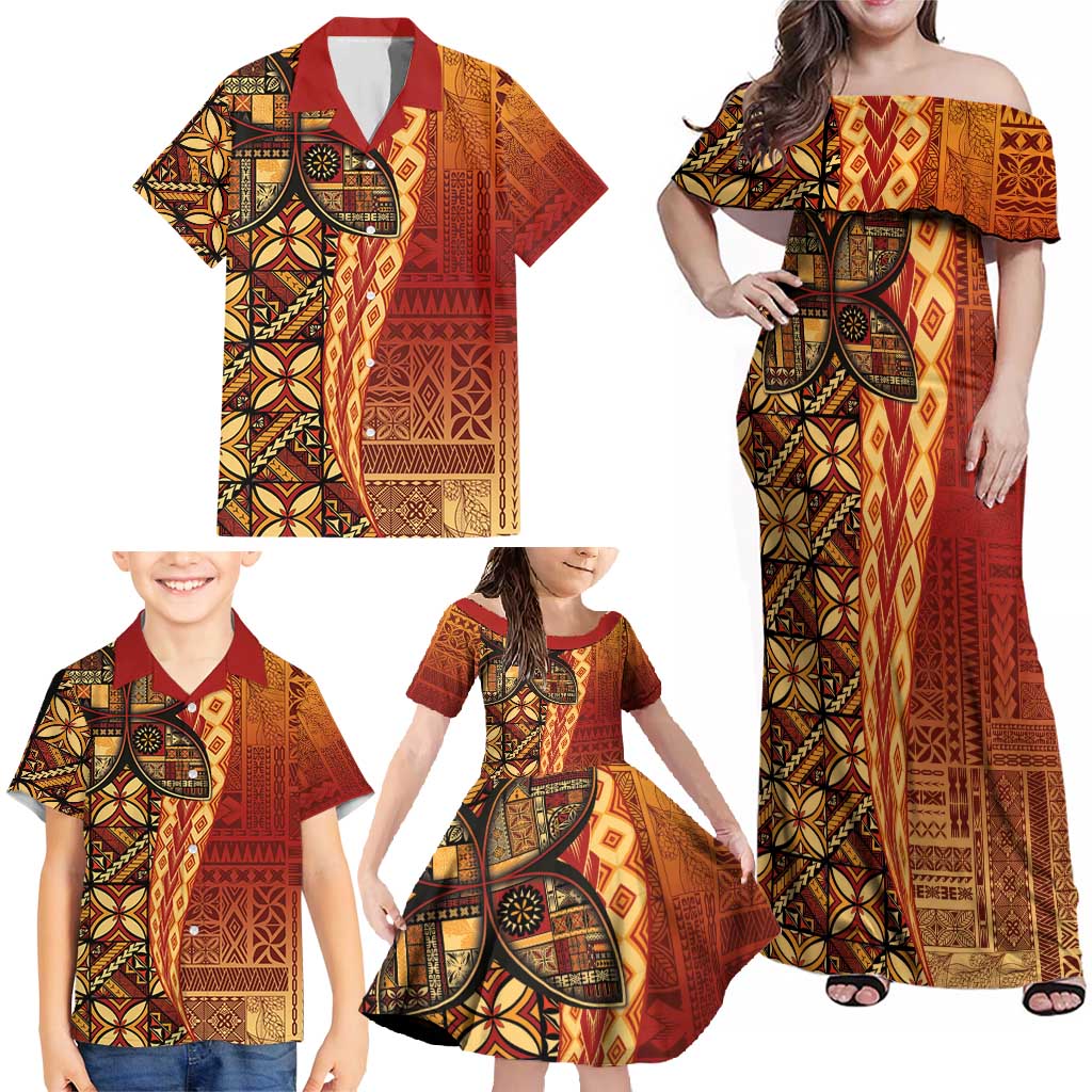Samoan Pacific Tribal Flower Geometric Art Tattoos Family Matching Off Shoulder Maxi Dress and Hawaiian Shirt Siapo Pattern Flame Sunset LT03 - Polynesian Pride