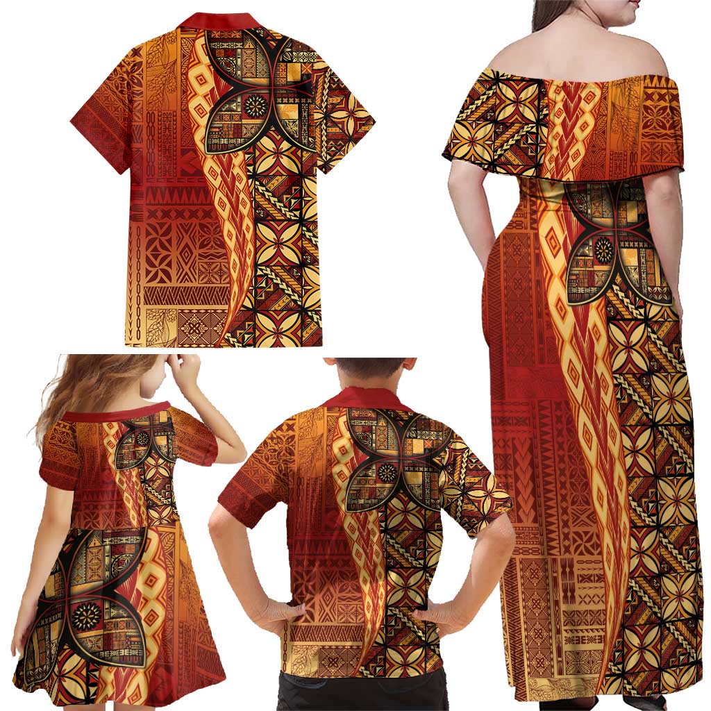 Samoan Pacific Tribal Flower Geometric Art Tattoos Family Matching Off Shoulder Maxi Dress and Hawaiian Shirt Siapo Pattern Flame Sunset LT03 - Polynesian Pride