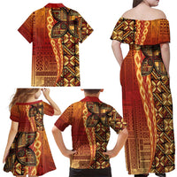 Samoan Pacific Tribal Flower Geometric Art Tattoos Family Matching Off Shoulder Maxi Dress and Hawaiian Shirt Siapo Pattern Flame Sunset LT03 - Polynesian Pride