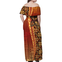 Samoan Pacific Tribal Flower Geometric Art Tattoos Family Matching Off Shoulder Maxi Dress and Hawaiian Shirt Siapo Pattern Flame Sunset LT03 - Polynesian Pride