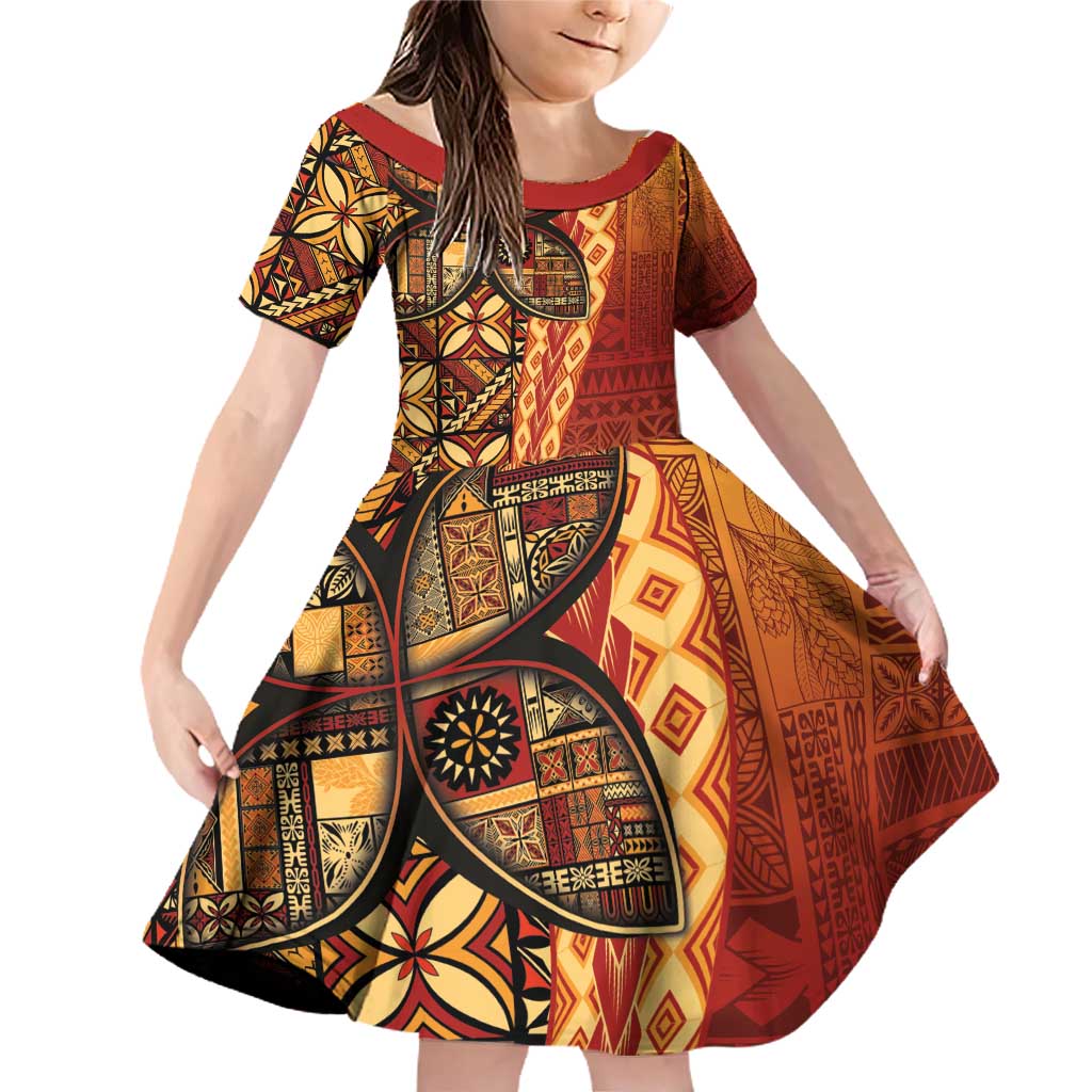 Samoan Pacific Tribal Flower Geometric Art Tattoos Family Matching Off Shoulder Short Dress and Hawaiian Shirt Siapo Pattern Flame Sunset LT03 Daughter's Dress Red - Polynesian Pride