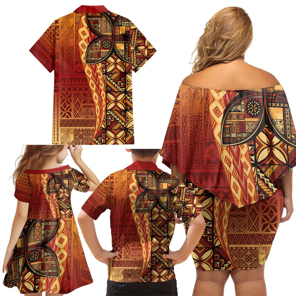 Samoan Pacific Tribal Flower Geometric Art Tattoos Family Matching Off Shoulder Short Dress and Hawaiian Shirt Siapo Pattern Flame Sunset LT03 - Polynesian Pride