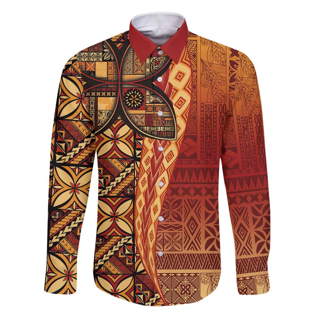 Samoan Pacific Tribal Flower Geometric Art Tattoos Family Matching Off Shoulder Short Dress and Hawaiian Shirt Siapo Pattern Flame Sunset LT03 Dad's Shirt - Long Sleeve Red - Polynesian Pride