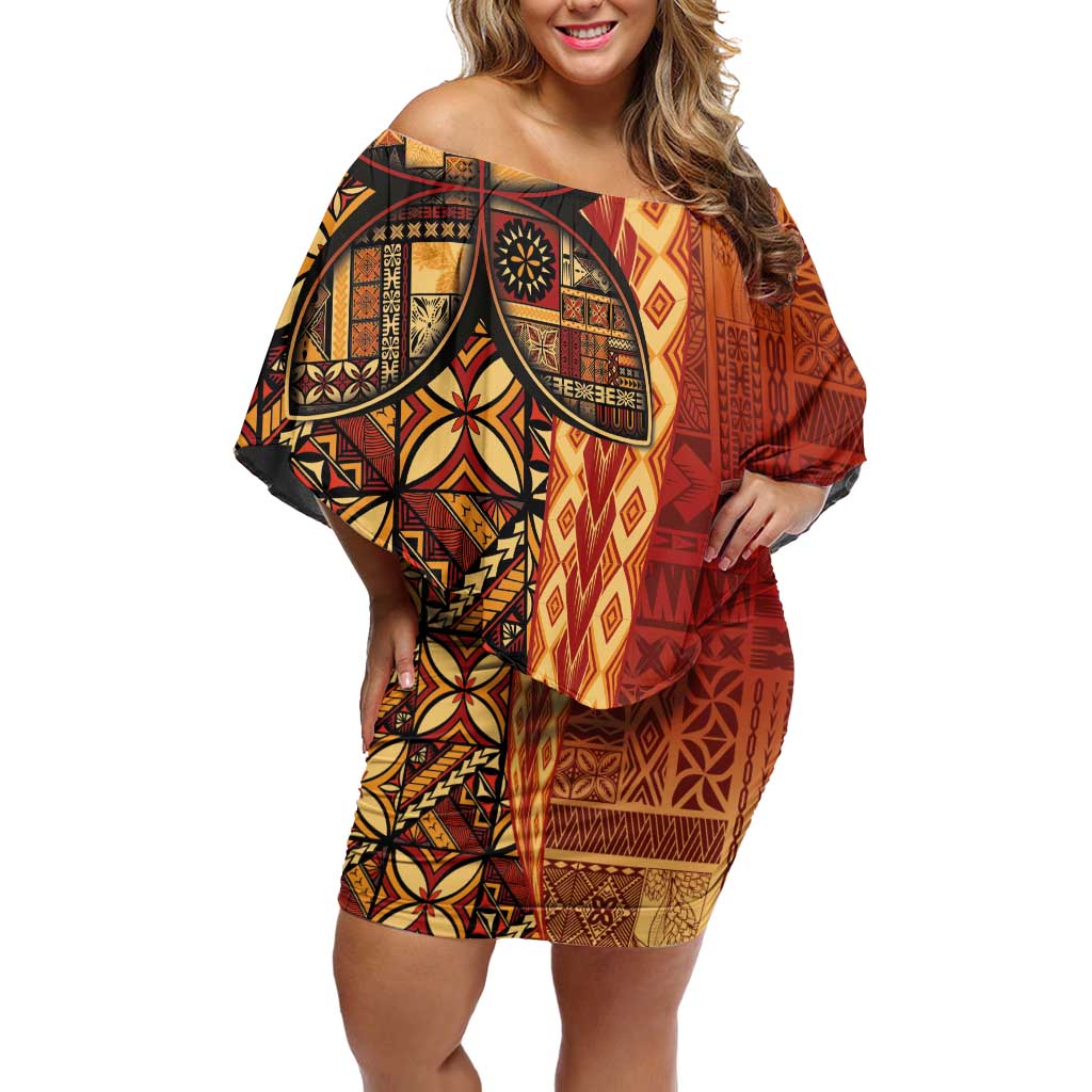 Samoan Pacific Tribal Flower Geometric Art Tattoos Family Matching Off Shoulder Short Dress and Hawaiian Shirt Siapo Pattern Flame Sunset LT03 Mom's Dress Red - Polynesian Pride