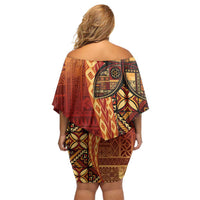 Samoan Pacific Tribal Flower Geometric Art Tattoos Family Matching Off Shoulder Short Dress and Hawaiian Shirt Siapo Pattern Flame Sunset LT03 - Polynesian Pride