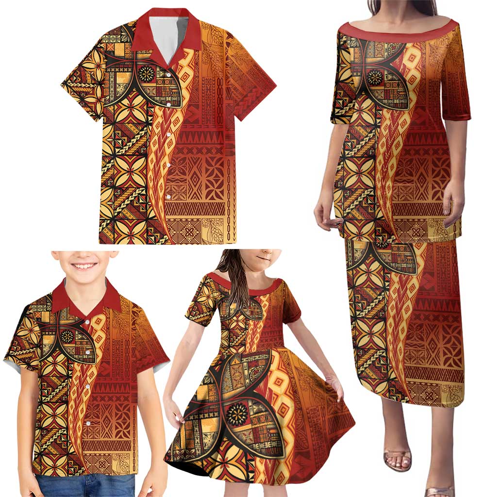 Samoan Pacific Tribal Flower Geometric Art Tattoos Family Matching Puletasi and Hawaiian Shirt Siapo Pattern Flame Sunset - Polynesian Pride