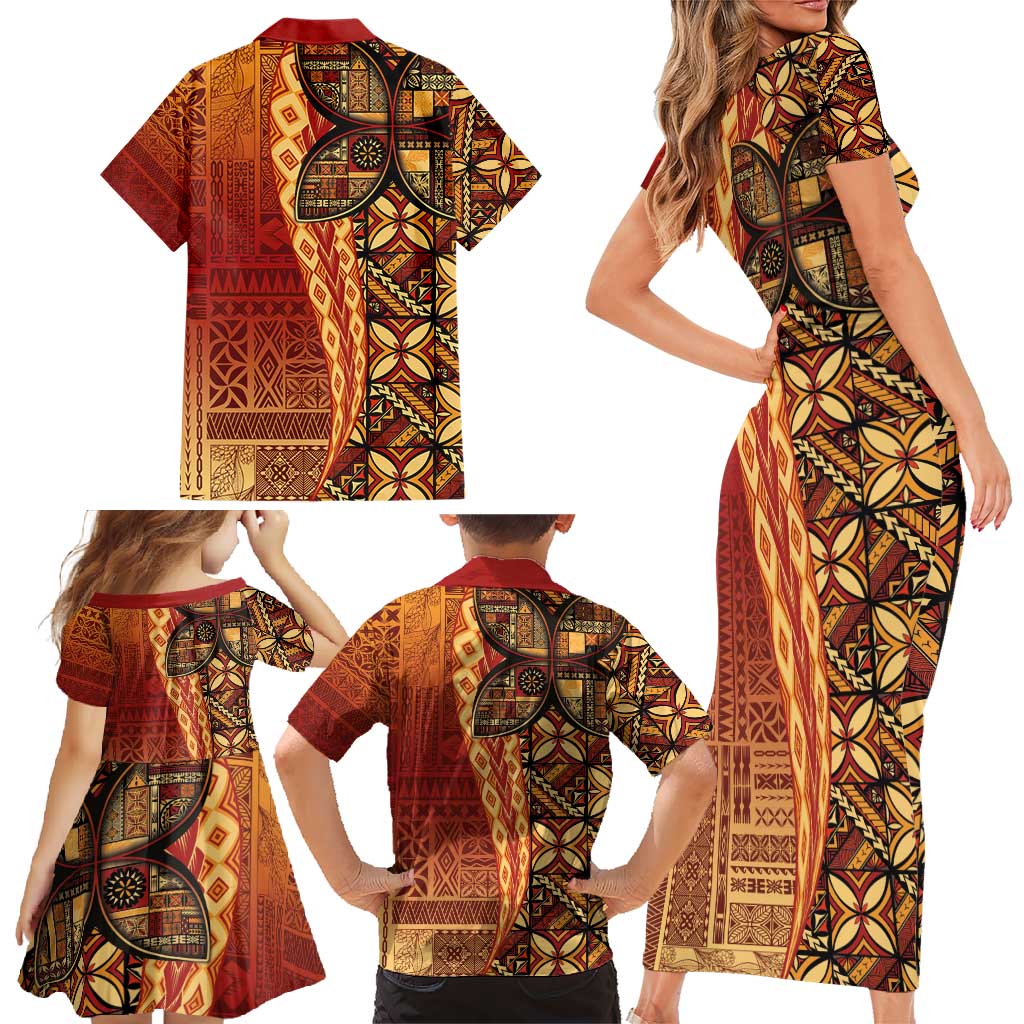 Samoan Pacific Tribal Flower Geometric Art Tattoos Family Matching Short Sleeve Bodycon Dress and Hawaiian Shirt Siapo Pattern Flame Sunset LT03 - Polynesian Pride