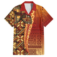 Samoan Pacific Tribal Flower Geometric Art Tattoos Family Matching Short Sleeve Bodycon Dress and Hawaiian Shirt Siapo Pattern Flame Sunset LT03 Dad's Shirt - Short Sleeve Red - Polynesian Pride