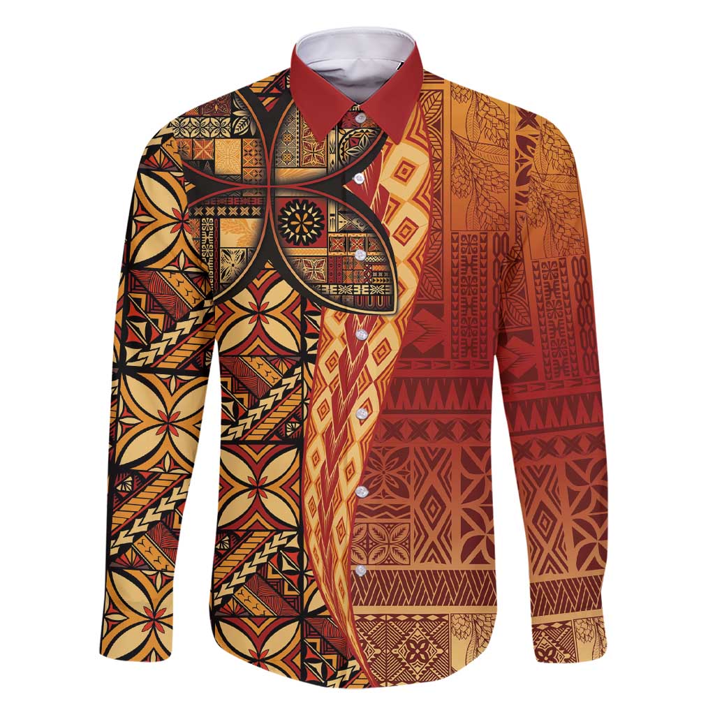 Samoan Pacific Tribal Flower Geometric Art Tattoos Family Matching Short Sleeve Bodycon Dress and Hawaiian Shirt Siapo Pattern Flame Sunset LT03 Dad's Shirt - Long Sleeve Red - Polynesian Pride