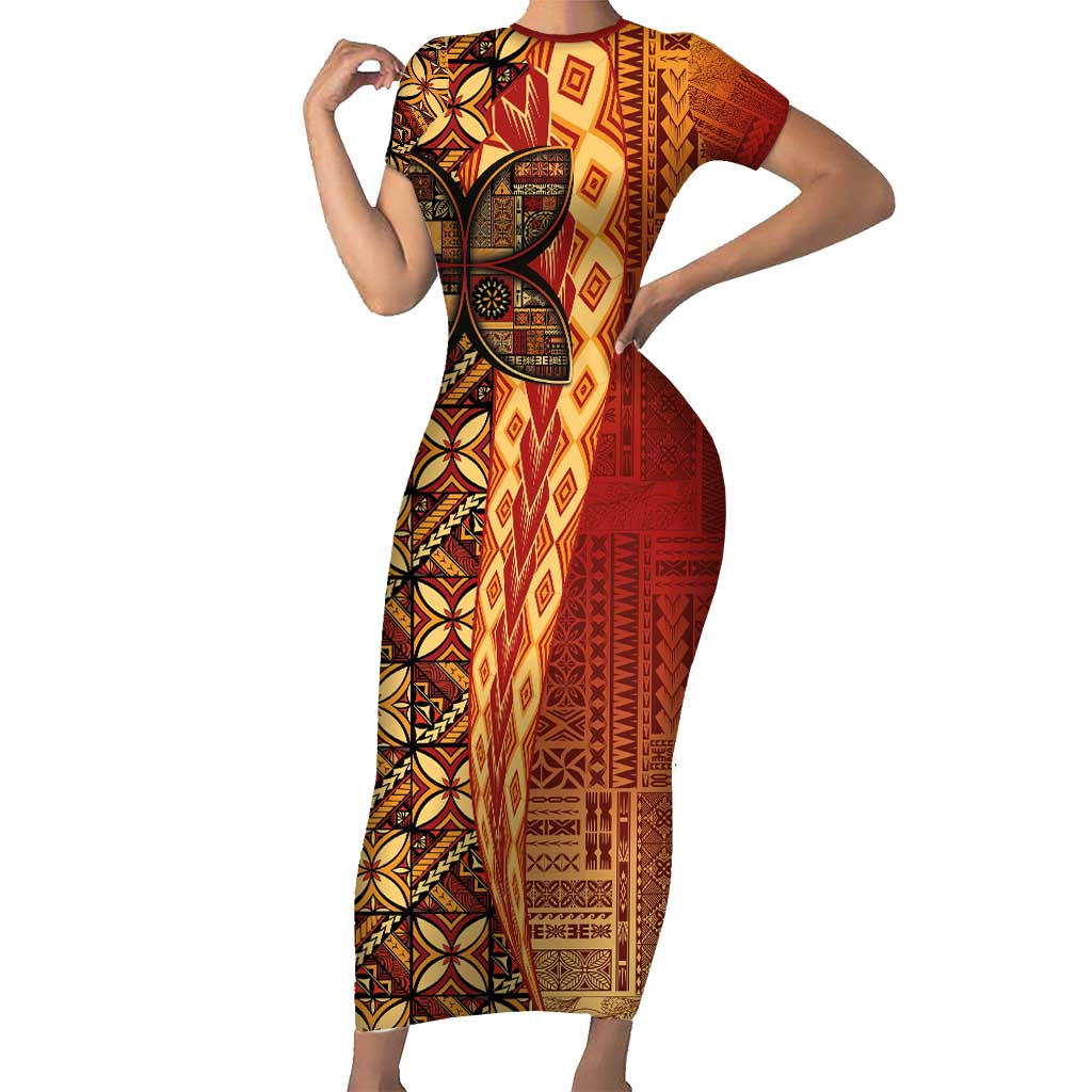 Samoan Pacific Tribal Flower Geometric Art Tattoos Family Matching Short Sleeve Bodycon Dress and Hawaiian Shirt Siapo Pattern Flame Sunset LT03 Mom's Dress Red - Polynesian Pride
