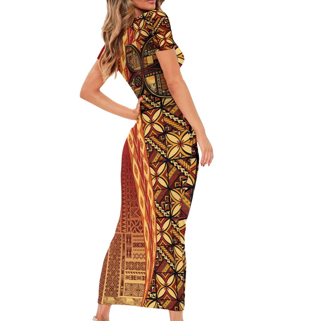 Samoan Pacific Tribal Flower Geometric Art Tattoos Family Matching Short Sleeve Bodycon Dress and Hawaiian Shirt Siapo Pattern Flame Sunset LT03 - Polynesian Pride
