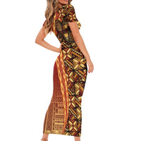 Samoan Pacific Tribal Flower Geometric Art Tattoos Family Matching Short Sleeve Bodycon Dress and Hawaiian Shirt Siapo Pattern Flame Sunset LT03 - Polynesian Pride