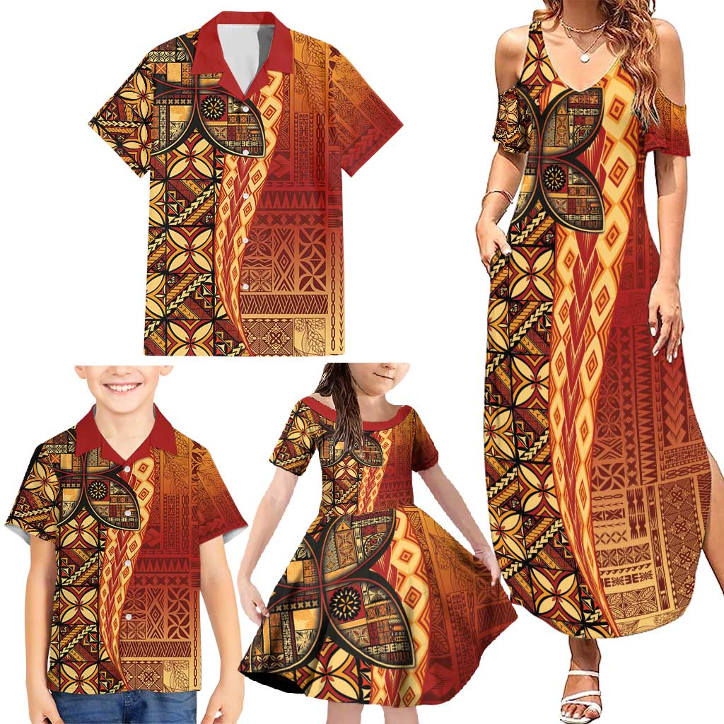 Samoan Pacific Tribal Flower Geometric Art Tattoos Family Matching Summer Maxi Dress and Hawaiian Shirt Siapo Pattern Flame Sunset LT03 - Polynesian Pride