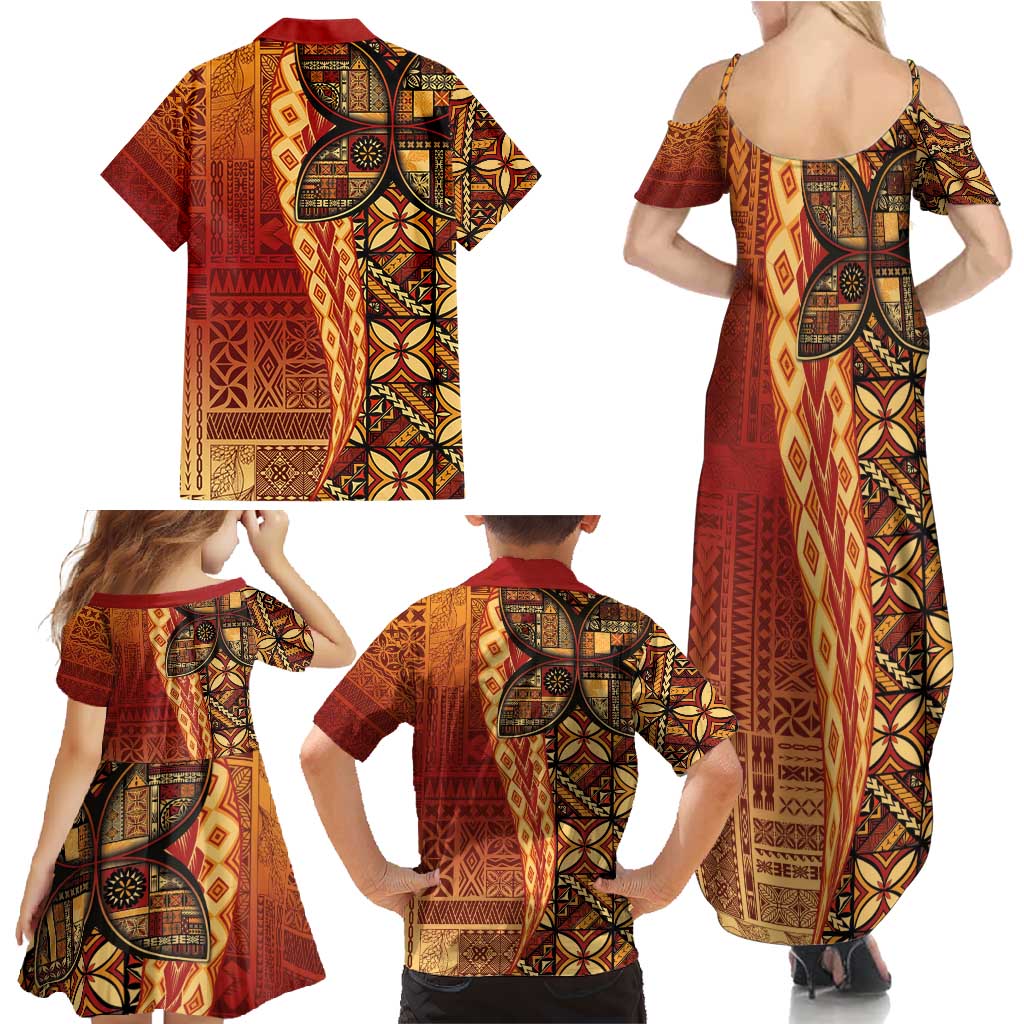 Samoan Pacific Tribal Flower Geometric Art Tattoos Family Matching Summer Maxi Dress and Hawaiian Shirt Siapo Pattern Flame Sunset LT03 - Polynesian Pride