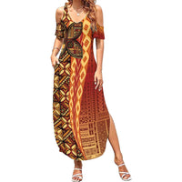 Samoan Pacific Tribal Flower Geometric Art Tattoos Family Matching Summer Maxi Dress and Hawaiian Shirt Siapo Pattern Flame Sunset LT03 Mom's Dress Red - Polynesian Pride