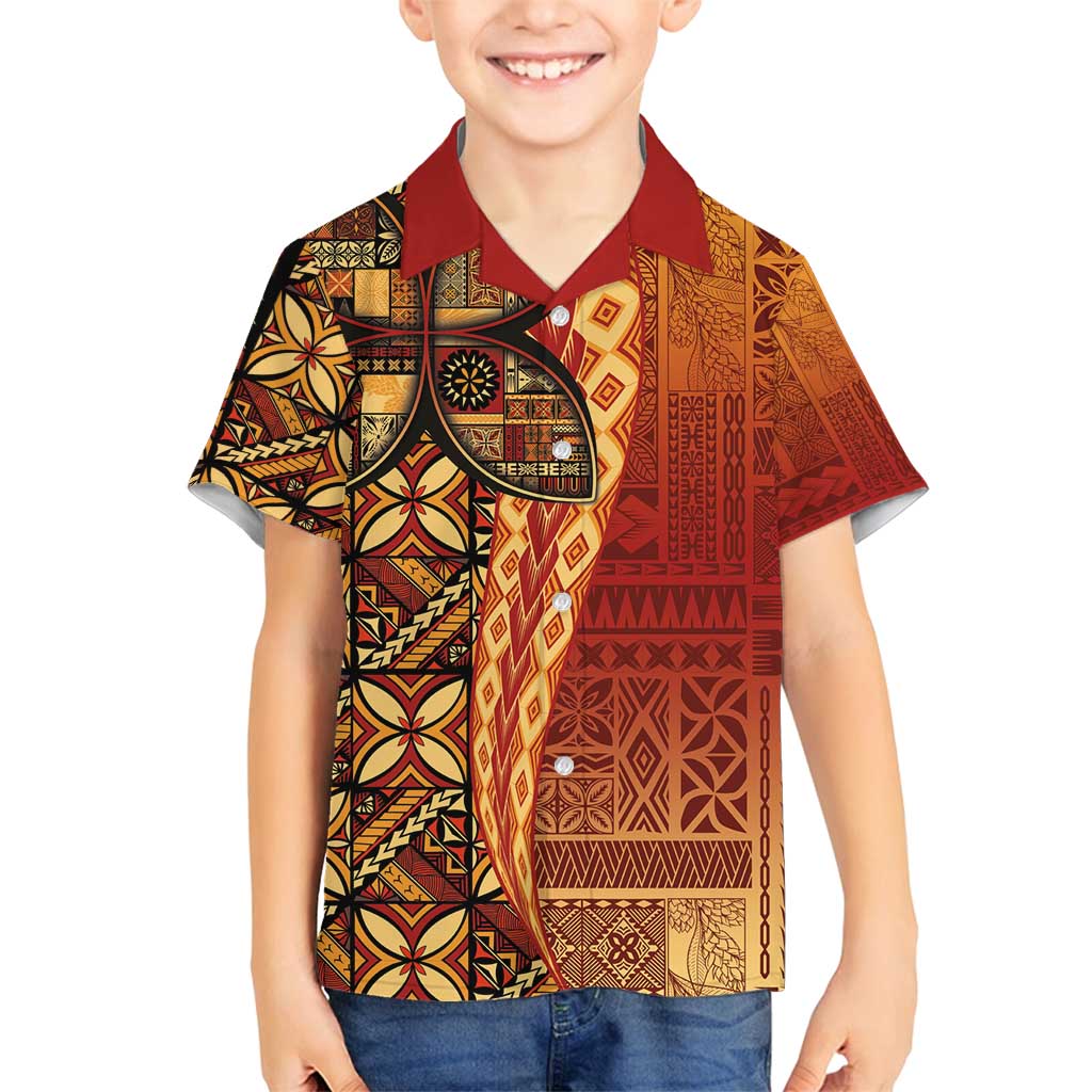 Samoan Pacific Tribal Flower Geometric Art Tattoos Family Matching Summer Maxi Dress and Hawaiian Shirt Siapo Pattern Flame Sunset LT03 Son's Shirt Red - Polynesian Pride